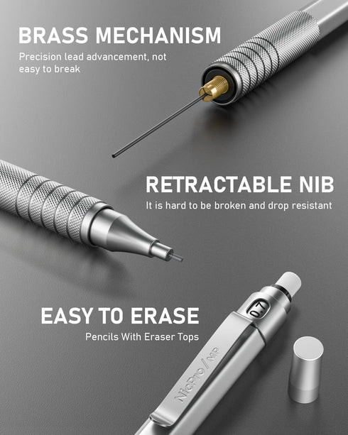 Nicpro 0.7 Metal Mechanical Pencil Set with Case, 3PCS MP1000 0.7mm Artist Lead Pencil With 8 Tube HB Refills, 3 Erasers, 9 Eraser Refill For Arch...