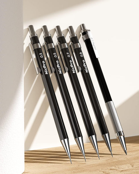 Nicpro Black Art Mechanical Pencil Set in Case, Metal Drafting Pencils 0.3, 0.5, 0.7, 0.9 & 2mm Graphite Lead Holders (2H HB 2B 4B Colored Lead) f...