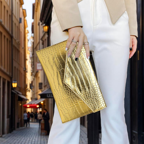 Women Envelope Clutch Purse Handbag, Metallic Leather Crossbody Shoulder Foldover Evening Bag Formal Wedding Party...