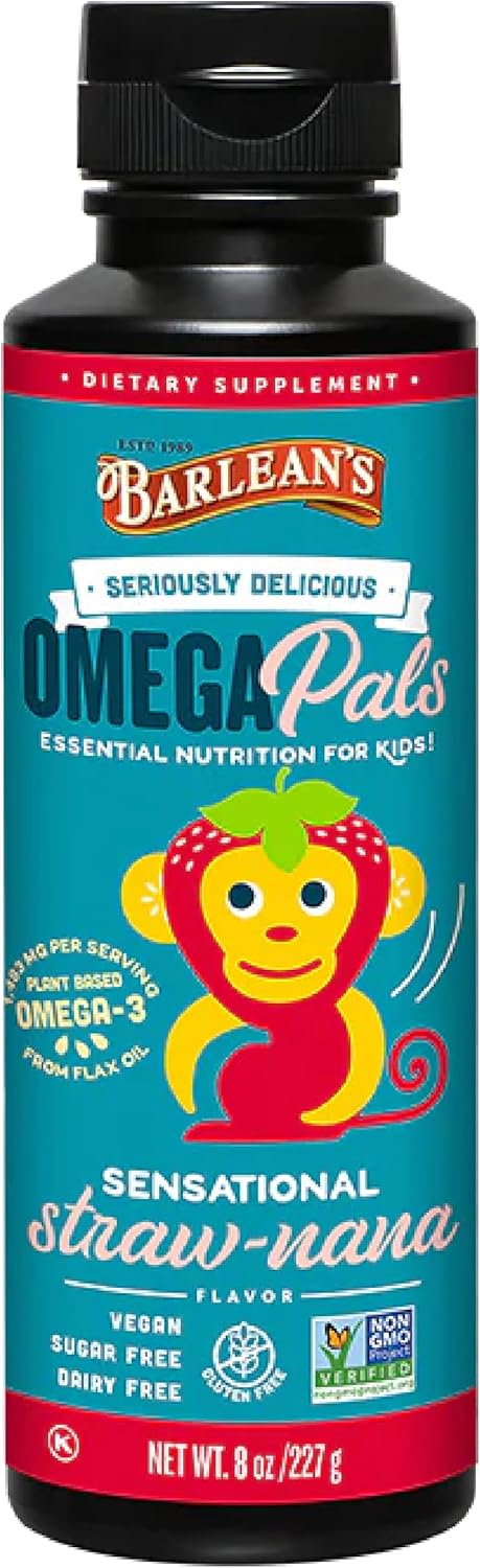 Barlean's Omega Pals Omega 3 for Kids, Yummy Straw-Nana Flavored Children's Liquid Flax Seed Oil Supplement with 1,483 mg ALA, Non-GMO, Vegan Brai...