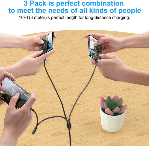 Multi 3 in 1 USB Long iPhone Charging Cable, 3M/10Ft Nylon Braided Universal Phone Charger Cord USB C/Micro USB/Lightning Connector Adapter for An...