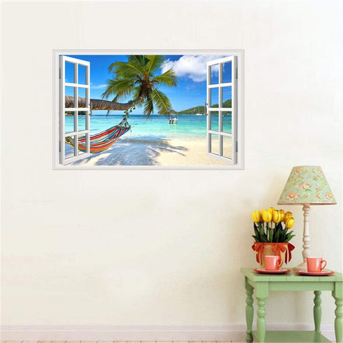 Beach Seascape Window Wall Sticker Palm Tree and Hammock Fake Window Wall Decals Removable Tropical Sea Window View Wall Stickers Decal for Living...