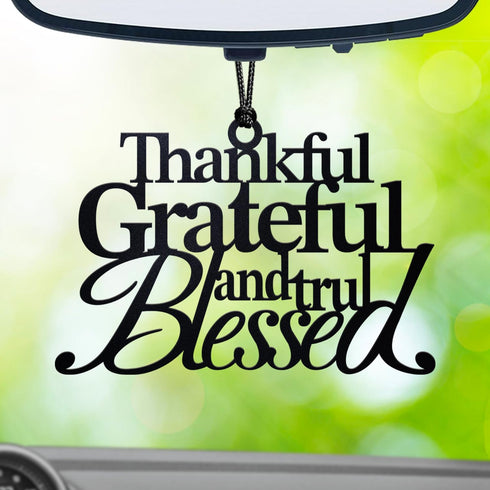 Handmade Thankful Grateful Blessed Car Mirror Hanging Decor,Thankful Black Metal Iron Decor Blessed Signs for Car Decor,Gift for Blessed...