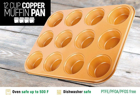 Copper Professional Healthy 12 Cup Cake and Muffins Baking Pan Sheet, Oven and Dishwasher Safe L...
