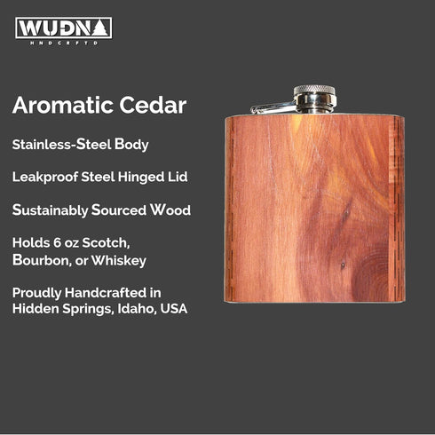 WUDN 6 oz. Wooden Hip Flask - Stainless Steel Body, Real Aromatic Cedar...