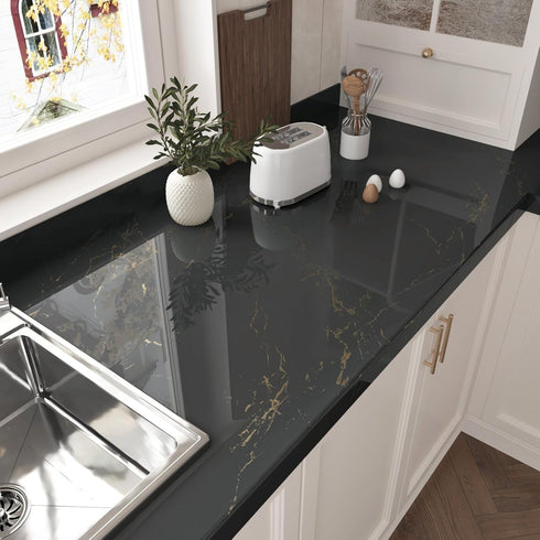 Gold Black Marble Contact Paper 17.71" x 120" Glossy Marble Peel and Stick Wallpaper Self Adhesive Granite Contact Paper for Countertops Waterproo...