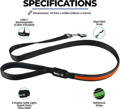 Balk Pets Led Dog Leash – Light Up High Visibility Glow in The Dark - Anti Car Accident - Night Dog Walking - Waterproof - USB Rechargable - 3 Lig...