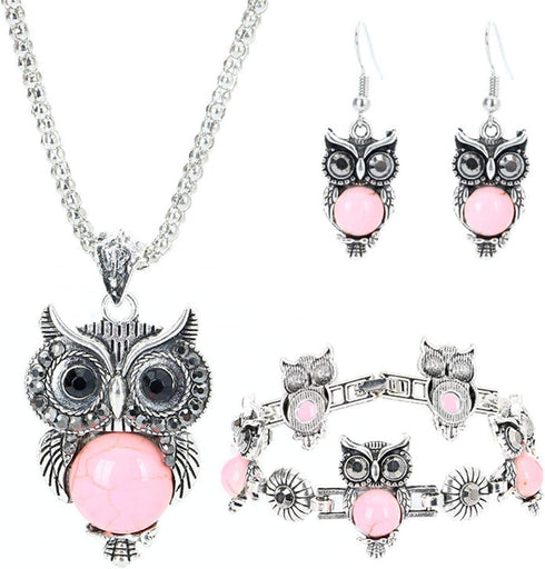 Caiyao 3Pcs/Set Vintage Owl Jewelry Sets Ethnic Tribal Boho Turquoise Pendant Necklace Drop Earrings Charm Bracelet Set Vintage Silver Plated Owl ...