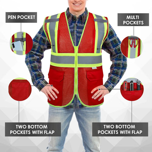High Visibility Reflective Safety Vest with Zipper and Pockets Red,XXL...