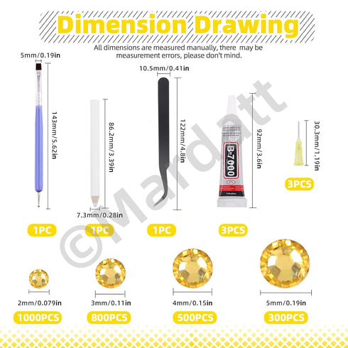 Mardatt 2606Pcs B7000 Jewelry Adhesive Glue with Golden Yellow Rhinestones, 2mm 3mm 4mm 5mm Flat Back Gems Rhinestones with Tweezers Dotting Tools...