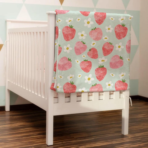 Strawberry Flower Summer Fruit Baby Blanket Girls Gift, Mint Green Pink Strawberries Floral Flannel Fleece Nursery Bed Blankets, Soft Lightweight ...