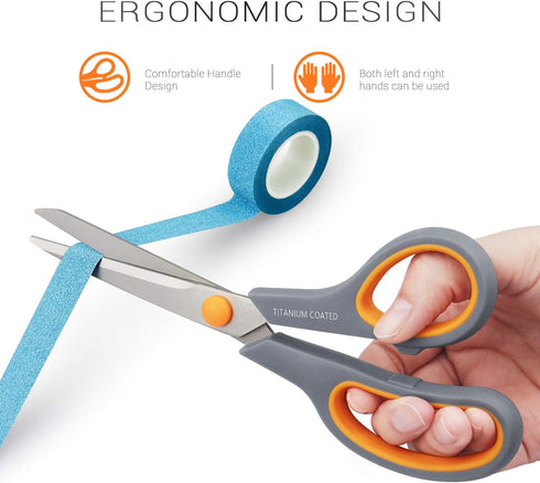 Scissors 8" Multipurpose Scissors Titanium Coated Sturdy Sharp Scissors Right/Left Handed Comfort-Grip Handles for Office Home School Sewing Fabri...