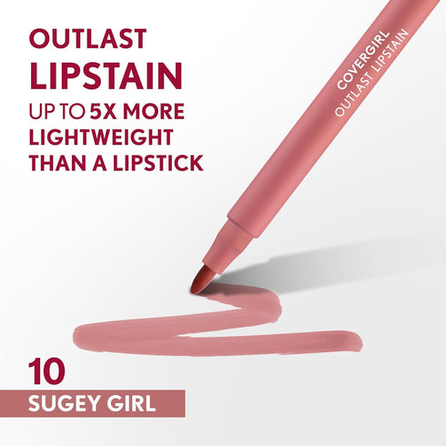COVERGIRL Outlast, 10 Sugey Girl, Lipstain, Smooth Application, Precise Pen-Like Tip, Transfer-Proof, Satin Stained Finish, Vegan Formula, 0.06oz...