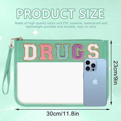 Iqimott Chenille Letter Patch Bag Clear MEDS Drugs Pouch, Preppy Portable Cosmetic Makeup Bag for Women Girls Travel, Waterproof Nylon Zipper Toil...