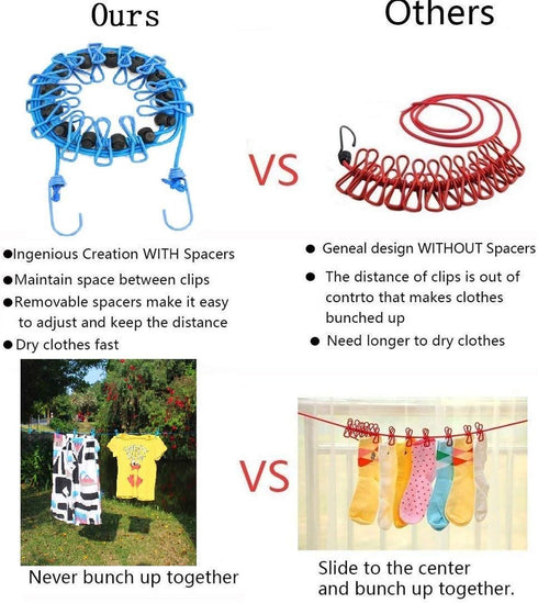 2 Pack Portable Clothesline with 12 Clothespins, Windproof Travel Stretchy Retractable Elastic Laundry Clothes Line for Backyard, Vacation Hotel, ...