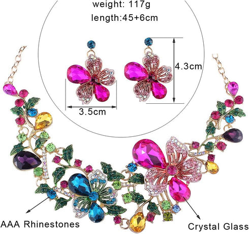 Sunvy Noble Diamond Crystal Flower Chain Choker Collar Necklace Earrings Set...