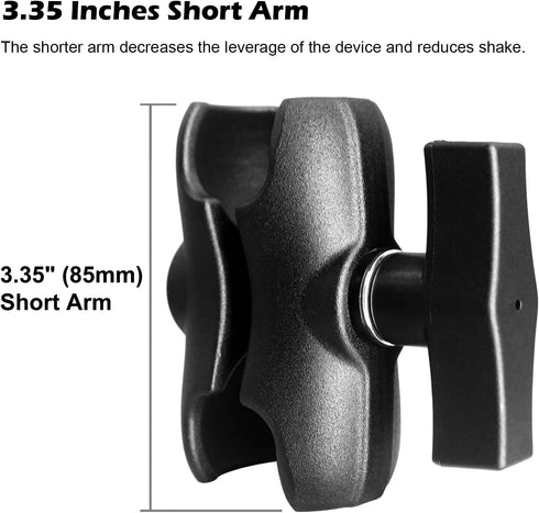 Aluminum Short (3.35") Double Socket Arm for 1.5 Inches/C Size / 38mm Ball Accessories, Powerful Clamp, Compatible with RAM Mount, iBolt and More...