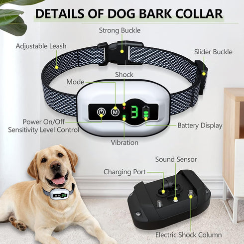 Dog Bark Collar, Anti-Barking Pet Training Collar, Waterproof e-Bark Shock Collar for Large Medium Small Dogs, Rechargeable Barking Collar with Be...