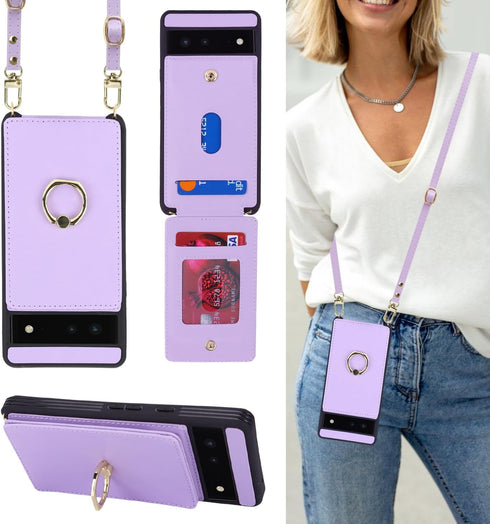 for Google Pixel 6 Case with Card Holder and Strap for Women,Crossbody Lanyard,Ring Stand,Snap Clasp,Phone Wallet Cases 6.4 inch(Purple)......