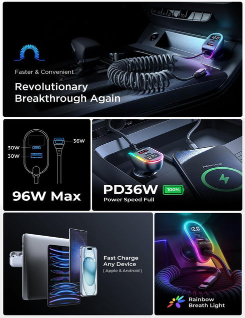 LISEN USB C 96W Super Fast Car Charger PD& QC3.0 with 5.3ft 36W Type C Coiled Cable,Car Phone Charger Adapter for iPhone 15 Pro Max Plus, Samsung ...
