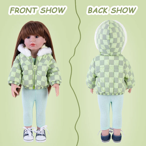 Doll Clothes 3 Pc. Set Light Green Grey Plaid Hooded Thick Coat Checkerboard Jacket with Long Sleeve, Warm Doll Outfit Hoodie Snowsuit Fits for 18...