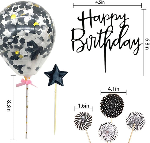 Black Happy Birthday Cake Topper Set 11 PCS Acrylic Topper Confetti Balloon Cool Stars Paper Fans Cupcake Picks Cake Decorations Supplies for Dad ...