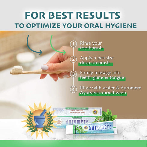 Auromere Ayurvedic Herbal Toothpaste, Fresh Mint - Vegan, Natural, Non GMO, Fluoride Free, Gluten Free, with Neem & Peelu (4.16 oz), 2 Pack...