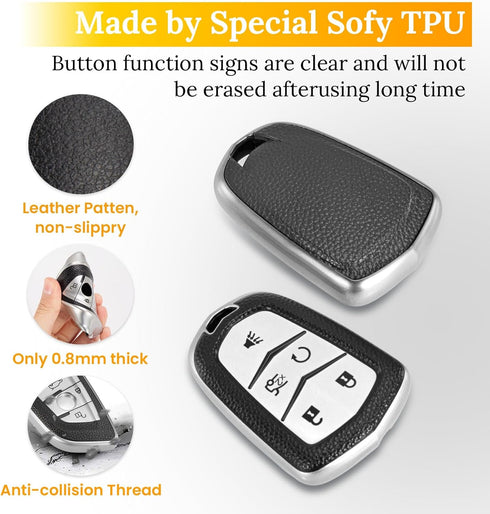 for Cadillac Key Fob Cover with Leather Keychain, Advanced Soft TPU Surface Grain Key Fob Case for 2015-2019 Cadillac Escalade CTS SRX XT5 ATS STS...