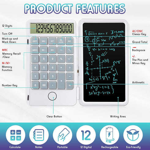 Hion Calculators,12-Digit Large Display Rechargeable Pocket Office Desktop Calculator with Erasable Wiriting Tablet,Mute Basic Desk Calculators wi...