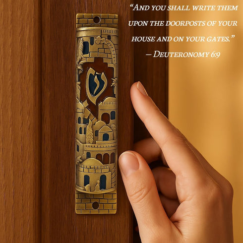 TALISMAN4U Gold Enamel Jewish MEZUZAH CASE with Scroll Jerusalem Israel Judaica Door Mezuza 4"...