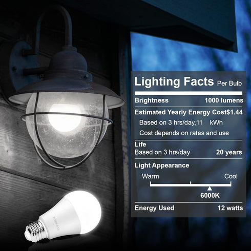 Torkase 13W Dusk to Dawn Light Bulbs- No Timer Required, 1100lm(100W Equivalent), 6000K Daylight, E26 A19 Automatic Sensor LED Bulbs, Built-in Pho...