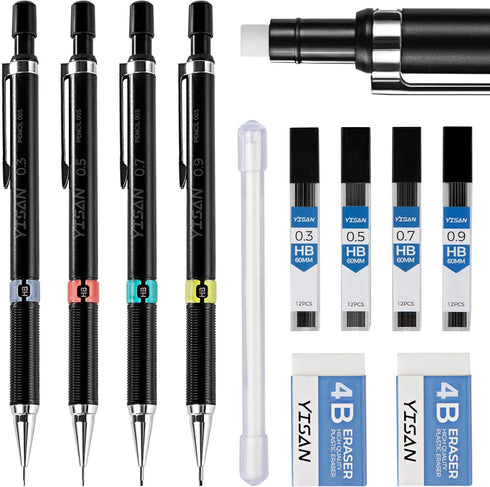 YISAN Mechanical Pencil Set 0.3 & 0.5 & 0.7 & 0.9mm,Automatic Pencil,Lead Pencils 4 PCS with Erases and Lead Refills for School Writing,Skeching,D...