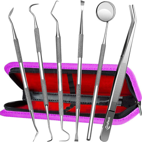 Dental tools Cleaning Kit Premium German Stainless Steel Plaque Cleaner, Tartar Remover, 6 Pieces Oral Care Instruments with Case Suitable for Adu...