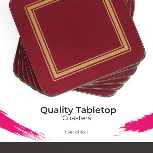 Pimpernel Classic Burgundy Drink Coasters Set of 6 - Heat & Stain Resistant Square Coasters with Non-Slip Cork Backing for Hot and Cold Beverages ...