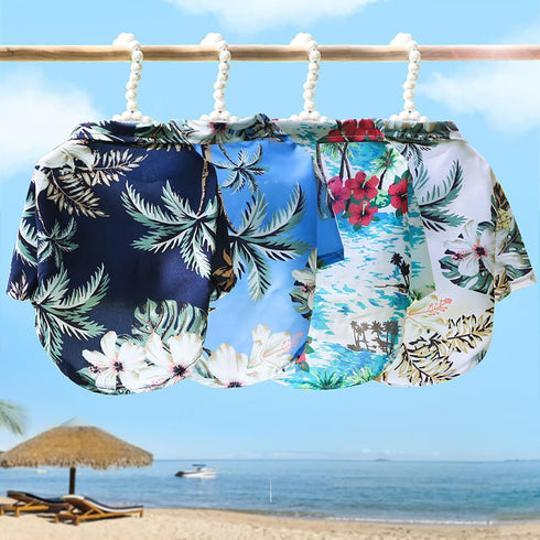 4 Pieces Pet Summer Shirts Hawaiian Style Dog T-Shirts Floral Coconut Tree Printed Puppy Shirt Summer Beach Dog Apparel Cat Outfit Shirt Breathabl...