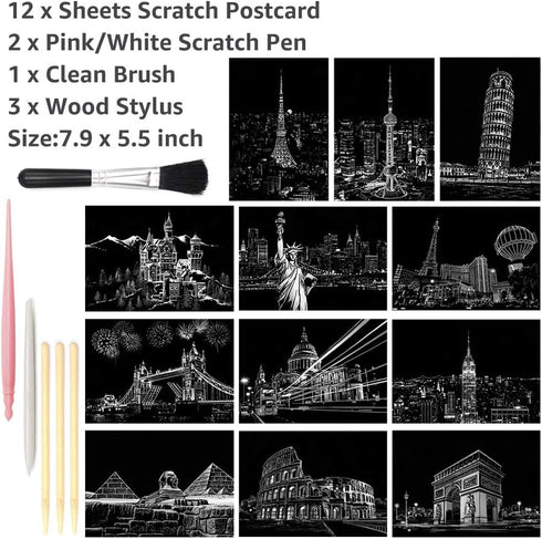 Magic Scratch Art Paper(7.9"x5.5") Rainbow Landscape Engraving Art Mini Scratchboard DIY Pads for Adults and Kids, Crafts Set: 12 Sheets Scratch P...