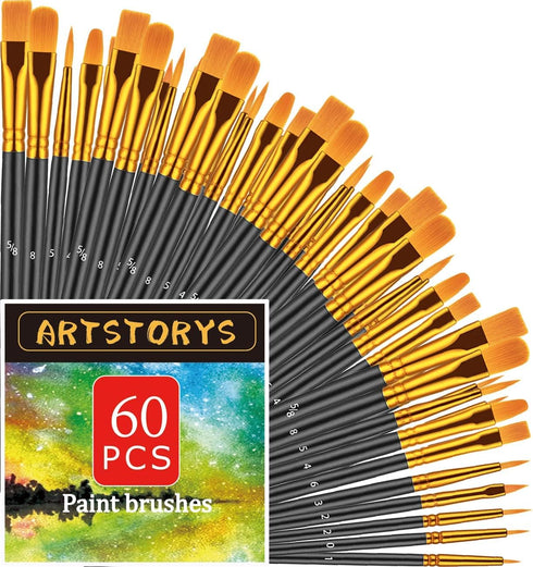 Paint Brushes Set, 60 Pcs Paint Brushes for Acrylic Painting, Oil Watercolor Acrylic Paint Brush, Artist Paintbrushes for Body Face Rock Canvas, K...