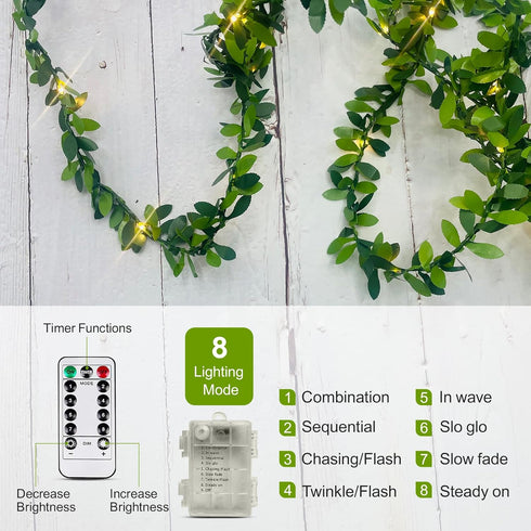 Battery Operated Vine String Lights, 33 Ft 100Led 8 Modes, Warm White Light with Green Vine, Suitable for Indoor and Outdoor, Wedding, Garden, Par...