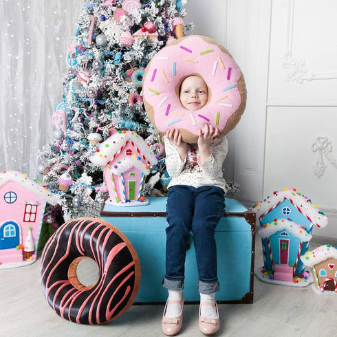 HYSEAS Round Throw Pillow 14 Inch Chocolate Pink Donut, 3D Digital Print Decorative Comfortable Soft Plush Funny Food Shaped Pillow Light Weight S...