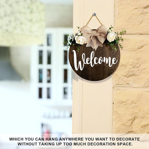 MayAvenue Welcome Wreaths Decor Sign Front Door, Round Wood Hanging Sign with Ribbon Bow and Artificial Green Leaves, Farmhouse Porch Decorations ...