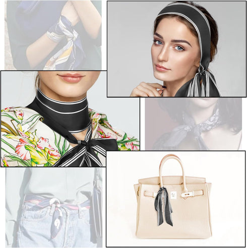 Luwint Long Thin Satin Scarf, Stripped Skinny Silk-like Necktie Chiffon Scarves Narrow Sash Waist Belt for Girl Women (Black)...