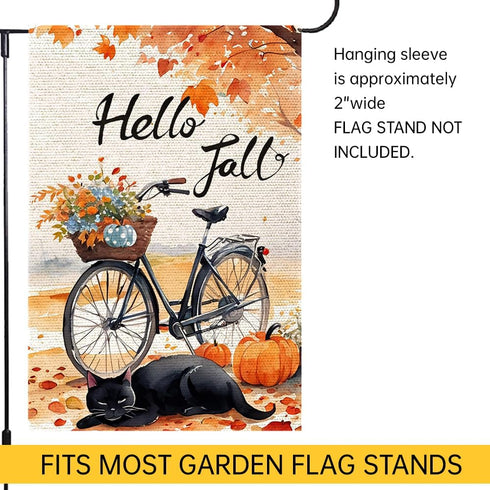 Hello Fall Garden Flag 12x18 Double Sided, Small Burlap Autumn Black Cat Bicycle Garden Flag Fall Thanksgiving pumpkin Outside Outdoor House Yard ...