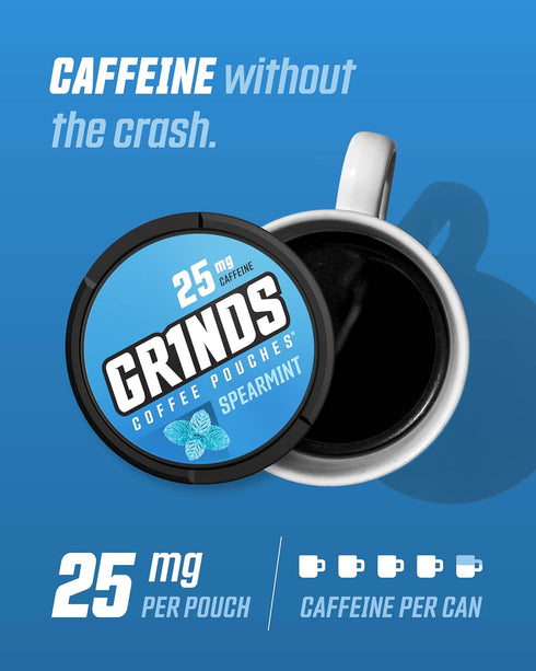 Grinds Coffee Pouches | Tobacco Free, Nicotine Free Healthy Alternative | 3 Cans of Spearmint | 18 Pouches Per Can | 1 Pouch eq. 1/4 Cup of Coffee...