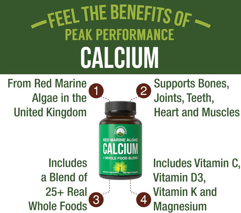 Plant Based Calcium - Red Marine Algae Calcium Supplement with Vitamin C, D3, K, Magnesium, and Whole Food Vegetable Blend. Vegan Capsules for Bon...