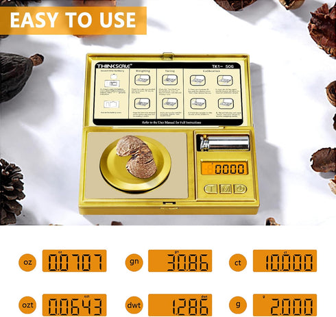 THINKSCALE 50g/0.001g Digital Milligram Scale, Gold Mg Scale with 50g Calibration Weight, Powder Scale for Reloading, Micro Gram Scale, Miligram S...