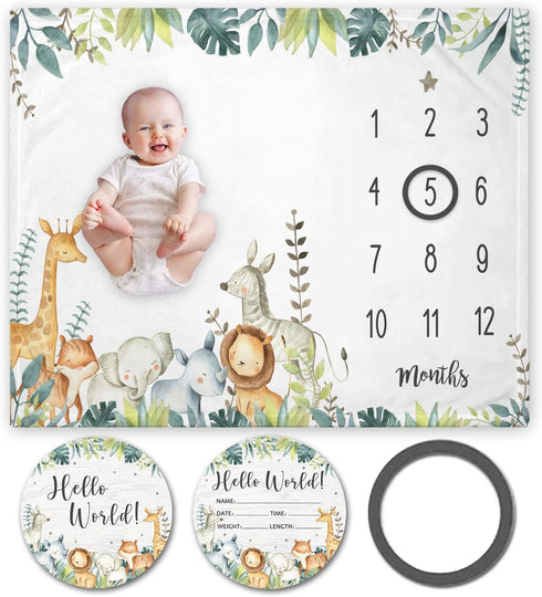 Safari Baby Milestone Blanket with Birth Stat Sign, Jungle Animals Baby Growth Chart Monthly Blanket, Watch Me Grow Safari Animals Baby Nursery fo...