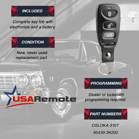 Key Fob Keyless Entry Remote fits 2007-2010 Hyundai Elantra / 2006-2010 Hyundai Sonata (OSLOKA-310T)...