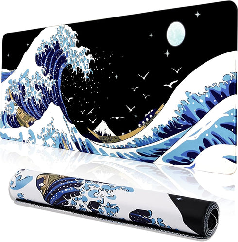 Gaming Laptop Mouse Pad,Sea Wave Big Mice Pads PC Keyboard Waterproof and Non-Slip 31.5 x 11.8inches 3mm Thick XL,XXL Rubber Table Mat, Kanagawa S...