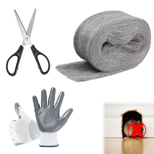 Steel Wool for Mice Control - 1 Pack, 3.2"x12ft Wool, Gap Filler for Home & Garage, DIY Bundle with Gloves & Scissors...
