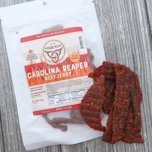Mission Meats Carolina Reaper Jerky from 100% Grass Fed & Pasture Raised Beef, Caution: Extremely Spicy, Small Batch Hand Crafted, Gluten Free, 2o...